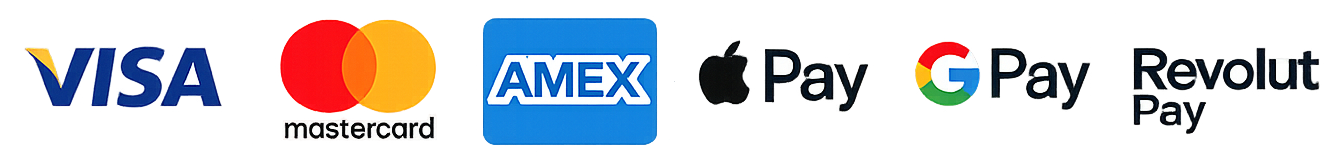 Accepted payment methods: Visa, Mastercard, Amex, PayPal, Apple Pay, Google Pay